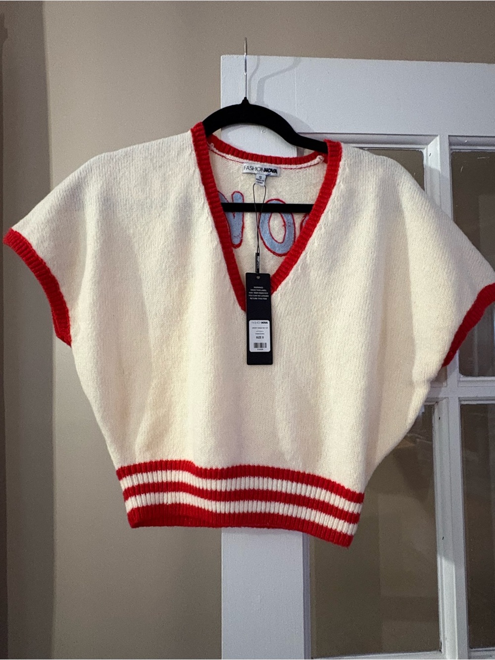 NWT- fashion nova - Cream and Red V-Neck Striped Short Sleeve Sweater